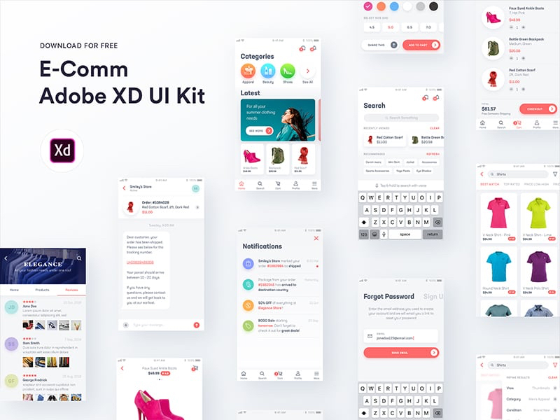 E-Comm is a free UI kit that contains 22 well organized and layered app screen designs, covering all the main user flows. All main UI elements are separated on to one ‘Components’ artboard, so any element could be directly grabbed from there and be added to your design project. Even though this UI kit was mainly created for online stores, the components by themselves could be used on a variety of of apps. There are many UI components such as lists, tags, message bubbles, comments, different button states, to name a few.