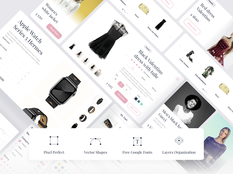 Ultimate e-commerce UI Kit with 5 pages and 60+ Components. Easy to resize and customize. All components carefully named sorted. With free Google fonts.