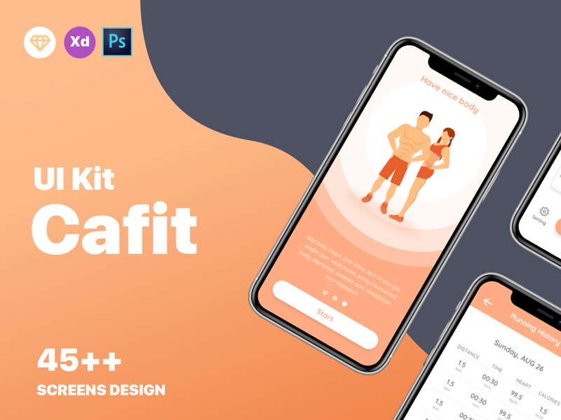 This is Cafit – Fitness UI Kit. Amazing UI Kit of premium quality is gonna drive you crazy! — a genuine designer’s ace! Cafit delivers 45+ screens of ultimate value, with hot color versions featured, bring to app more energy.